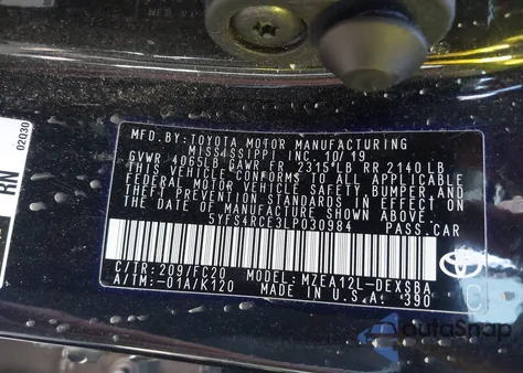 2020 Toyota Corolla Se из США, поврежденный, VIN 5YFS4RCE3LP030984